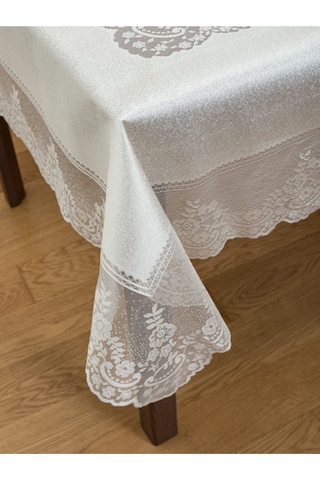 Çini Desenli Örme Leke Tutmaz Masa Örtüsü Ekru