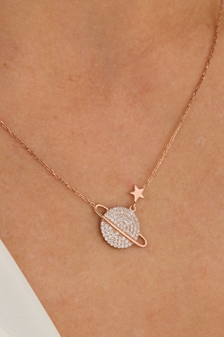 Zirkon Taşlı Rose Satürn Gümüş Kolye