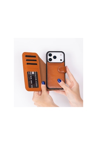 Bloomcase Magic Wallet Urban Tan Apple Uyumlu iPhone 17 Pro 6.3" Hakiki Deri Çıkarılabilir Cüzdanlı Telefon Kılıfı Taba