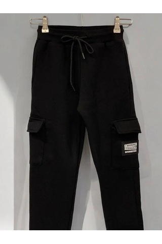 Çocuk Beli Paçası Lastikli Şardonlu Kalın Eşofman Alt-15364 Siyah