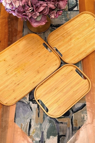 Makri Home Bambu Dikdörtgen 3'lü Tepsi Seti, Küçük Tepsi: 22x33 Cm, Orta Tepsi: 28x40 Cm, Büyük Tepsi: 33x45 Cm Ahşap