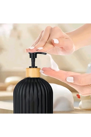 2 Li Hands Dishes Siyah Beyaz Dekoratif Mutfak Banyo Sıvı Cam Sabunluk Seti 500ml Bambu Stantlı Set Beyaz - Siyah