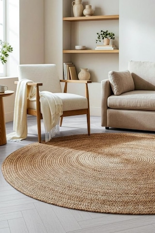 Digithome Jüt Hasır Yuvarlak Oturma Odası Yatak Odası Natural Halı 120 Cm Kahverengi
