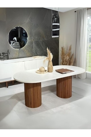 Echo İskandinav Oval Ahşap Bohem Masa 90x160 Ceviz - Beyaz