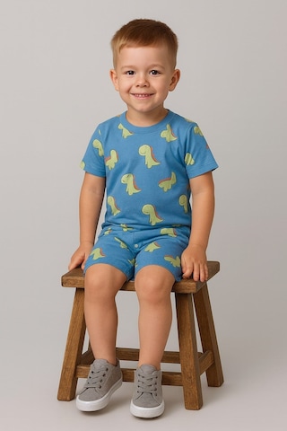 Aden Kids Dinazor Baskılı Yazlık Pijama Takımı Buz Mavisi