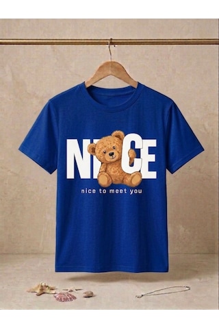 Ayıcık Figürlü Nice To Meet You Yazılı Oversize T-shirt Mavi