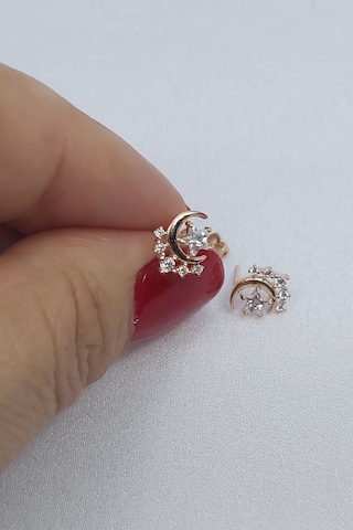 925 Ayar Rose Renk Yıldızlı Hilal Gümüş Küpe