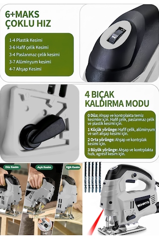 Schatz 800 W Lazerli Devir Ayarlı Dekupaj Testere Makinesi Gri + 5 Adet Testere Ucu