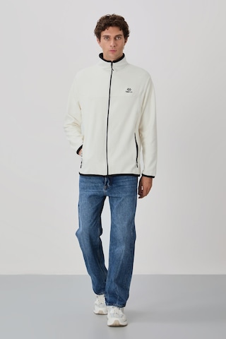 Tommy Life Ekru Yazı Nakışlı Dik Yaka Fermuarlı Standart Kalıp Erkek Sweatshirt Polar - 87992 Ekru