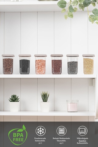 6'lı Etiketli Ve Kilitlenebilir Hava Almaz Kapaklı Baharatlık Seti - Baharatlık Bej