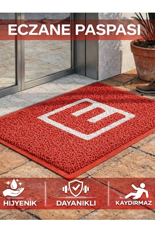Beylini Eczane Önü Paspası E Logo Giriş İşyeri Eczane Mağaza Girişi Kapı Önü Kıvırcık Hijyen Halısı 60x80 Cm Kırmızı