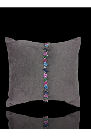 Karışık Kesim Renkli Taşlı Asimetrik Tasarımlı 925 Ayar Gümüş Bileklik Göz Alıcı Trend Model Gümüş