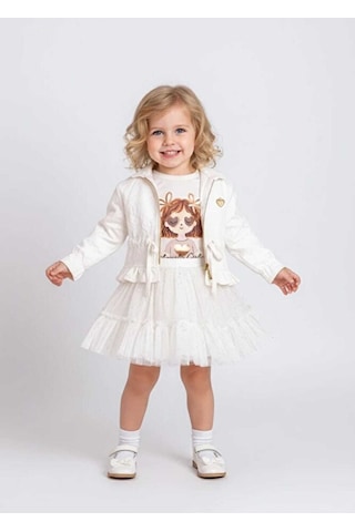 Ministok White Fashion Ceket Tütü Etek T-shirt 3'lü Kız Çocuk Takım Beyaz