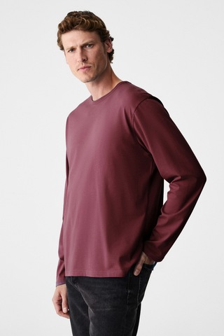 Grimelange Gravs Erkek %100 Pamuklu Yumuşak Kumaşlı Yuvarlak Yakalı Uzun Kollu Bordo T-shirt