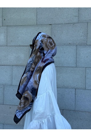 Qalortex Scarf Pamuklu Rose Desen Şal- Siyah/gri Siyah-Gri