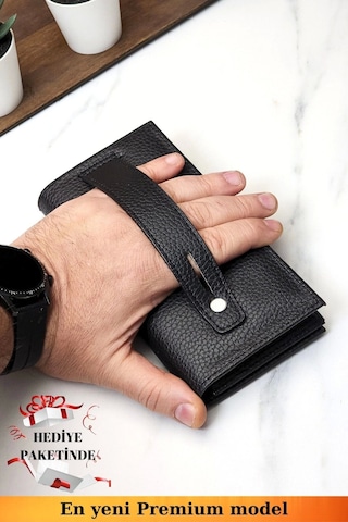 Telefon Bölmeli Unisex Siyah Cüzdan Mıknatıslı Ve El Bantlı Büyük Paraportföy El Çantası Siyah