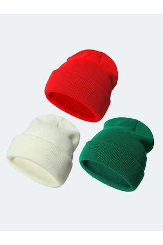 Eke Tekstil Katlamalı Unisex Bere Seti 3'lü - Beyaz - Kırmızı - Yeşil