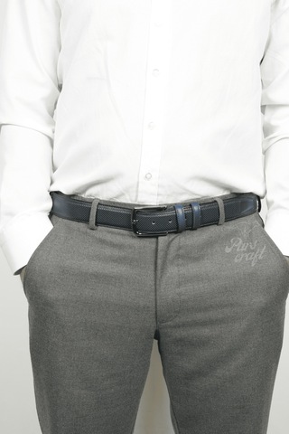 Parscraft Hakiki Deri Erkek Kemer 3,5 Cm İğne Desen Klasik Deri Kemer Lacivert