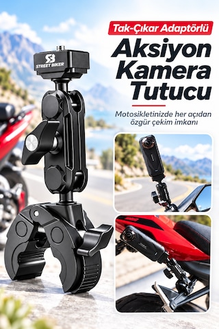 Uba-q1 360 Aksiyon Kamera Tutucu Tak Çıkar Adaptörlü Motosiklet Gidon Kamera Bağlantı Aparatı Siyah