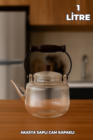 Akasya Kapaklı Ve Üstten Saplı Yuvarlak Cam Demlik - Isıya Dayanıklı - Cam Demlikli - Cam Kapaklı Cam