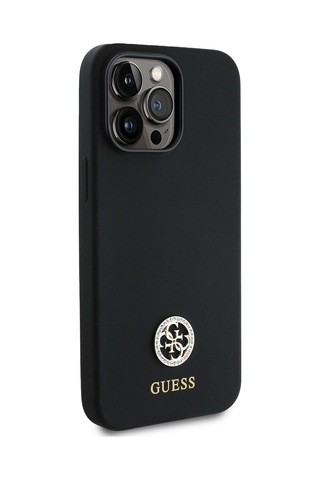 Apple Uyumlu iPhone 14 Pro Max Kılıf Guess Lisanslı Yazı Ve Taşlı 4g Logolu Silikon Kapak Siyah