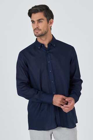 İmza Uzun Kol Düz Keten Düğmeli Yaka Cepsiz Casual Comfort Fit Gömlek 1004250114 Koyu Lacivert