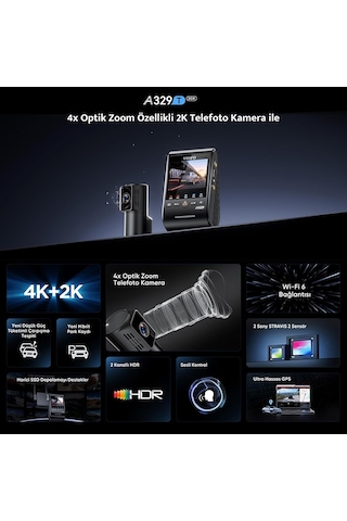 A329t 2 Kameralı Ön+arka 4k 60fps+2k Wi-fi 6 Hdr Sony Starvıs 2 Sensör Gps'li Ssd Destekli Araç Kamerası
