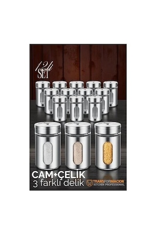 Cam+çelik Tuzluk Biberlik Karabiberlik 3 Farklı Delikli 12 Li Set 721946 Diğer