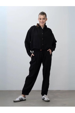 Kız Çocuk Müslin Kumaş Gömlek Pantolon Takım-15786 Siyah