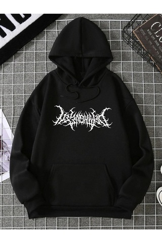 Punk Sweatshirt - Siyah Baskılı Oversize Kapüşonlu Siyah