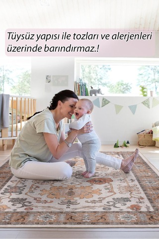 Foldy Vintage Desenli Dokuma Taban Dekoratif Kahverengi Halı Fl 35 Kahverengi 2