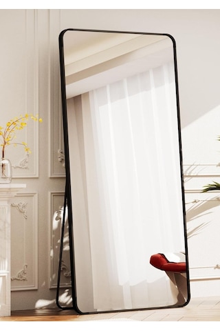 Pera 180x66 Yuvarlak Köşeli Yer Aynası Ayaklı, Asılı, Duvara Yaslı, Yatak Odası, Giyinme Odası Siyah