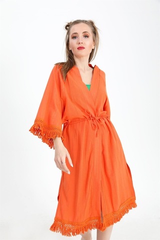 Kimono Palmiye Baskılı Püsküllü - Turuncu-turuncu Turuncu