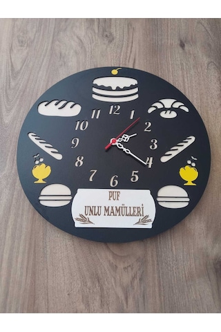 Fırın // Unlu Mamuller // Pastane İş Yerine Özel Kişiye Özel İsim Yazılı Duvar Saati Çok Renkli