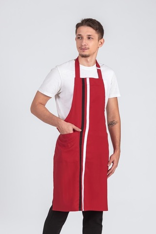 Erkek Boyundan Asmalı Çizgili Barista Şef Mutfak Önlüğü Kırmızı