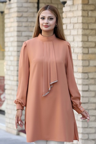 Işıltı Taş Detaylı Büyük Beden Tesettür Takım Camel