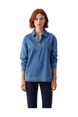 Ersefa Kadın Düz Renk Denim Oversize Gömlek Fermuar Detaylı Ve Şıklık Gü Mavi