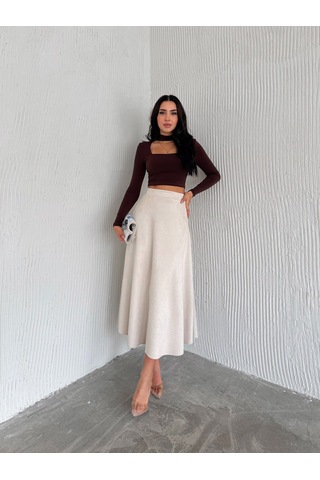Ozy Fashion Kadın Süet Kloş Etek Bej