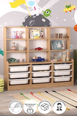 Bofigo 9 Sepetli 9 Raflı Dolap Çok Amaçlı Dolap Oyuncak Dolabı Almina Safir Meşe Açık Kahverengi