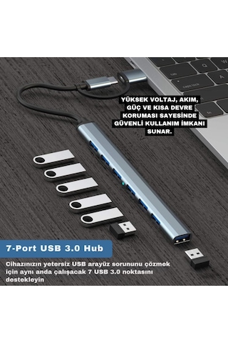 Polham 7in1 Type C/usb To 7x Usb 3.0 Çoğaltıcı Okuyucu Hup Adaptör, Klavye, Mouse, Yazıcı, Usb Okuyucu
