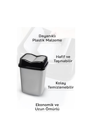 Çift Kapaklı Plastik Çöp Kovası - Ev Ofis Banyo Mutfak Çöp Kovası Gri 10 Litre Gri