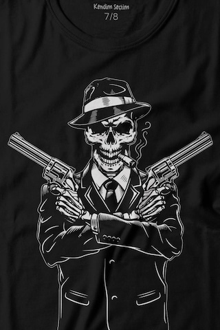 Kendim Seçtim Skeleton Gangster Revolvers Suit Tabanca Baskılı Tişört Çocuk T-shirt 001