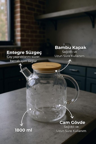 Bambum Juliet - Bambu Kapaklı Cam Demlik 1800ml Şeffaf