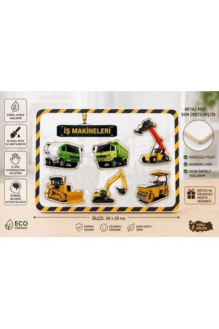 İş Makineleri Ahşap Yapboz Puzzle Oyunu 30x20 Cm Beyaz Mdf Eğitici Çocuk Puzzle