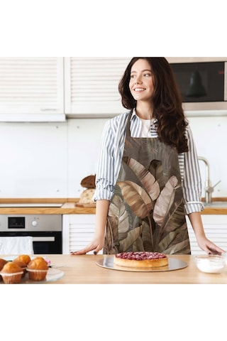 Tropikal Yaprak Tasarımlı Mutfak Önlüğü Keten Kumaş, Uluslararası Yıkama Ve Solmama Sertifikası Çok Renkli