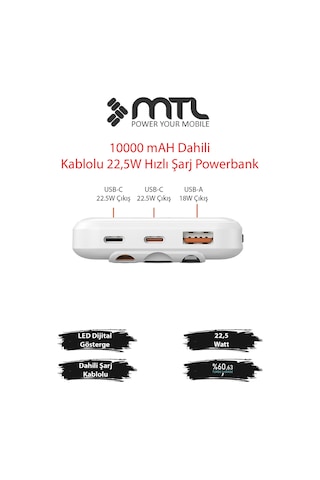 10000 Mah 22.5w Süper Hızlı Şarj Dahili Kablolu Dijital Led Göstergeli Pd Ve Qc 3.0 Powerbank Mt4310 Beyaz