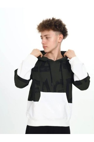 Çocuk Kapüşonlu Harf Desenli Kanguru Cepli Sweatshirt-14800 Haki