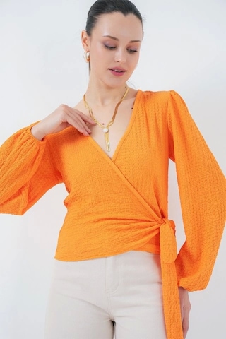 Defymoda 0441 Anvelop Örme Bluz - Turuncu Turuncu