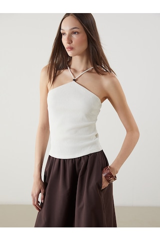 Lcw Vision Ekru Halter Yaka Dokulu İp Askılı Bluz