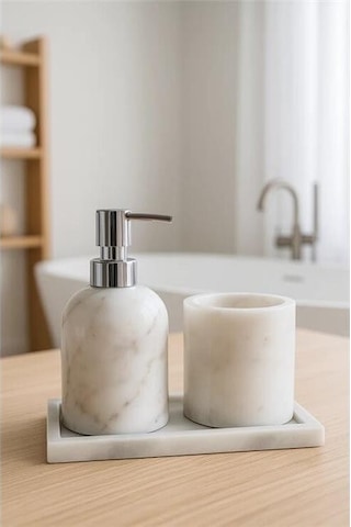 Akayev Mermer Beyaz 3 Parça Gümüş Banyo Seti Mutfak Sıvı Sabunluk Seti Beyaz